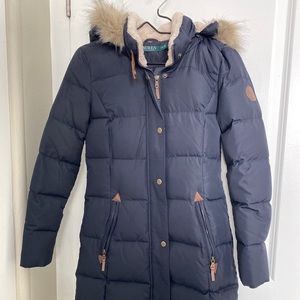 Lauren Ralph Lauren Faux-Fur Trim Hood Puffer Down Coat Jacket Women XXS Black